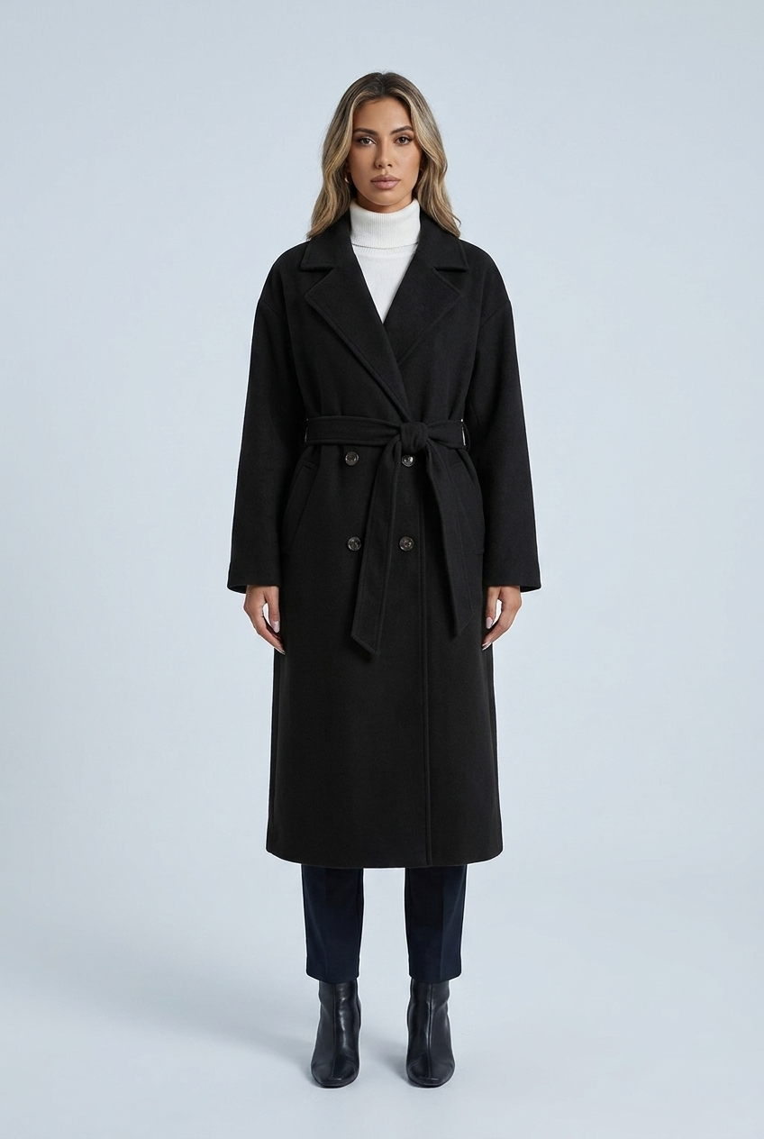 Black cappotto lungo misto lana cintura revers doppiopetto oversize front
