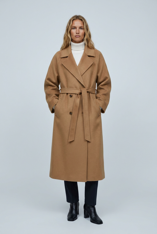 Camel cappotto lungo misto lana cintura revers doppiopetto oversize front