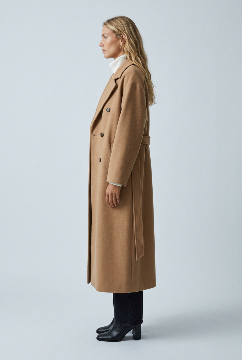 Camel cappotto lungo misto lana cintura revers doppiopetto oversize side
