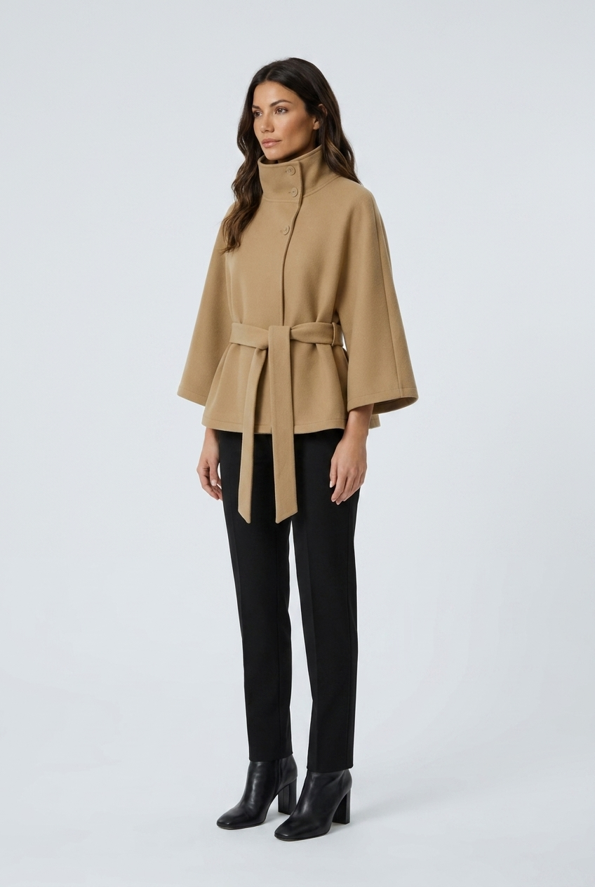 Camel cappotto corto mantella collo alto cintura maniche a cappa misto lana closeup