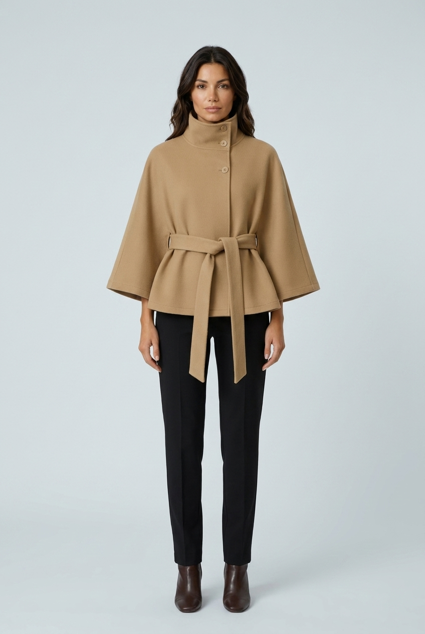 Camel cappotto corto mantella collo alto cintura maniche a cappa misto lana front