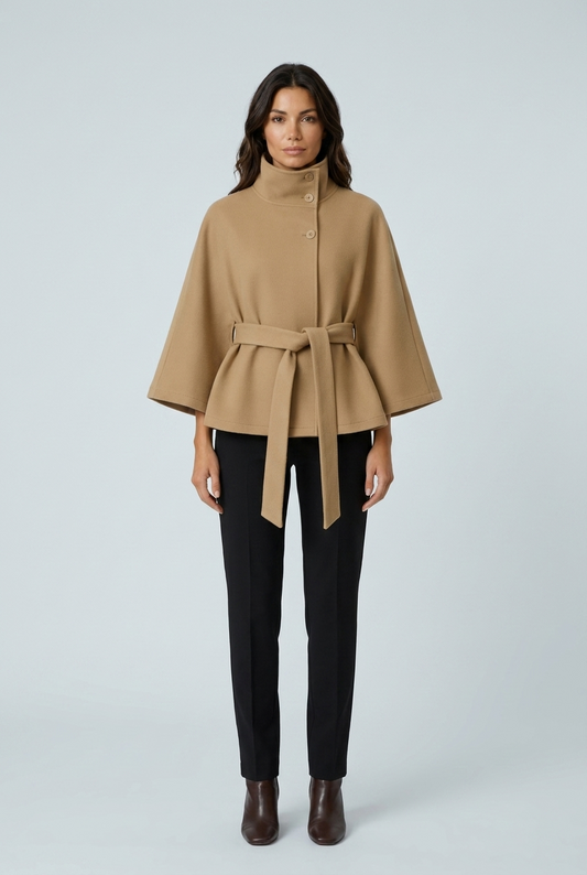 Camel cappotto corto mantella collo alto cintura maniche a cappa misto lana front