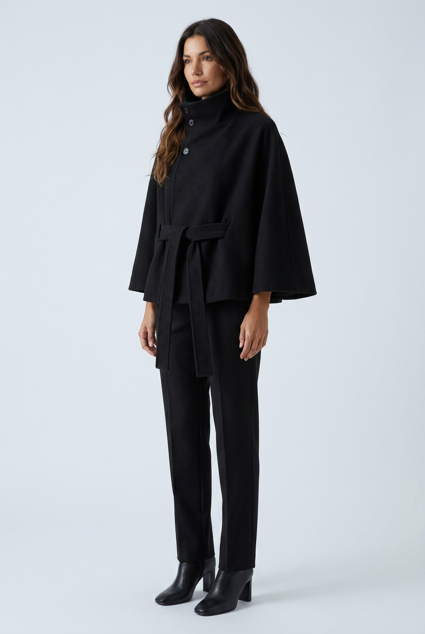 Black cappotto corto mantella collo alto cintura maniche a cappa misto lana closeup