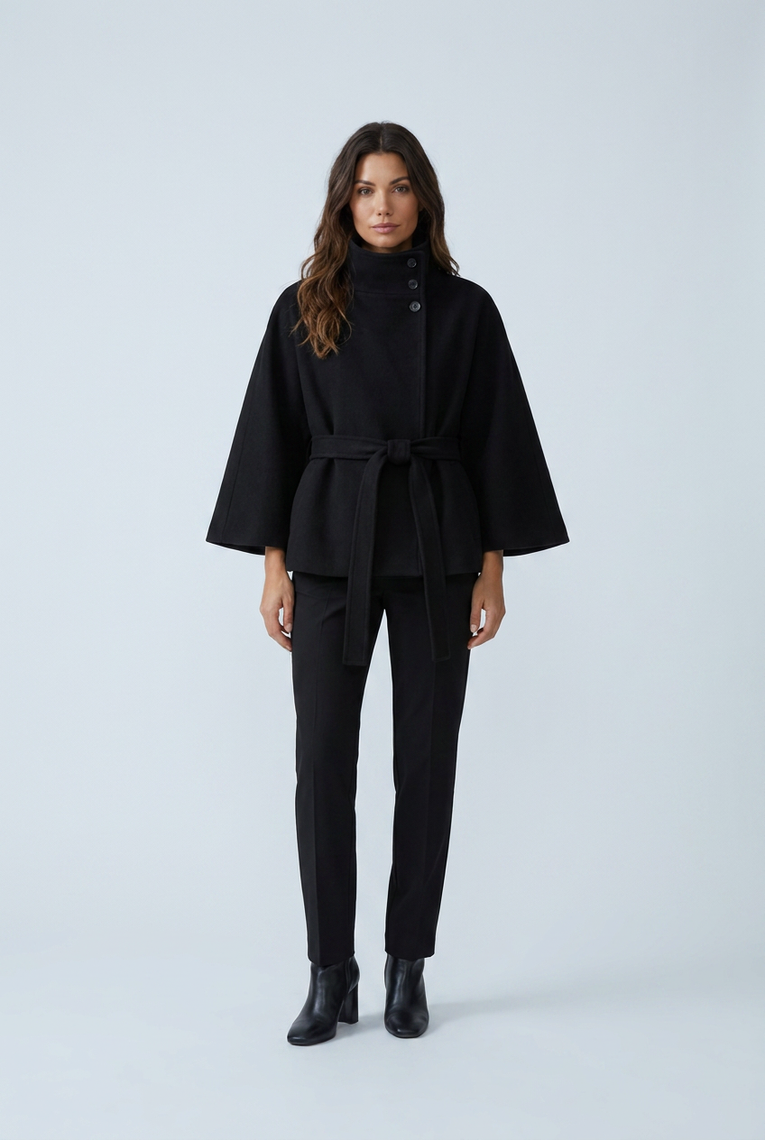 Black cappotto corto mantella collo alto cintura maniche a cappa misto lana front