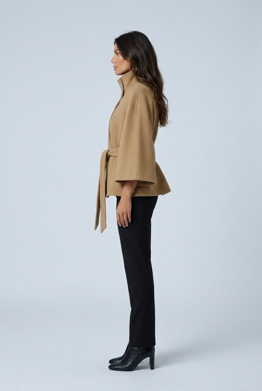 Camel cappotto corto mantella collo alto cintura maniche a cappa misto lana side