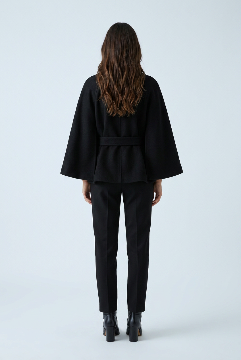 Black cappotto corto mantella collo alto cintura maniche a cappa misto lana back