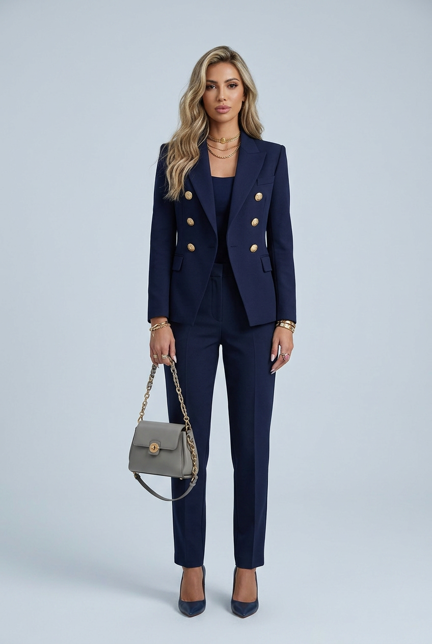 Navy blazer doppiopetto bottoni dorati revers sartoriale front