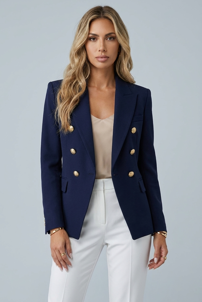 Navy blazer doppiopetto bottoni dorati revers sartoriale closeup