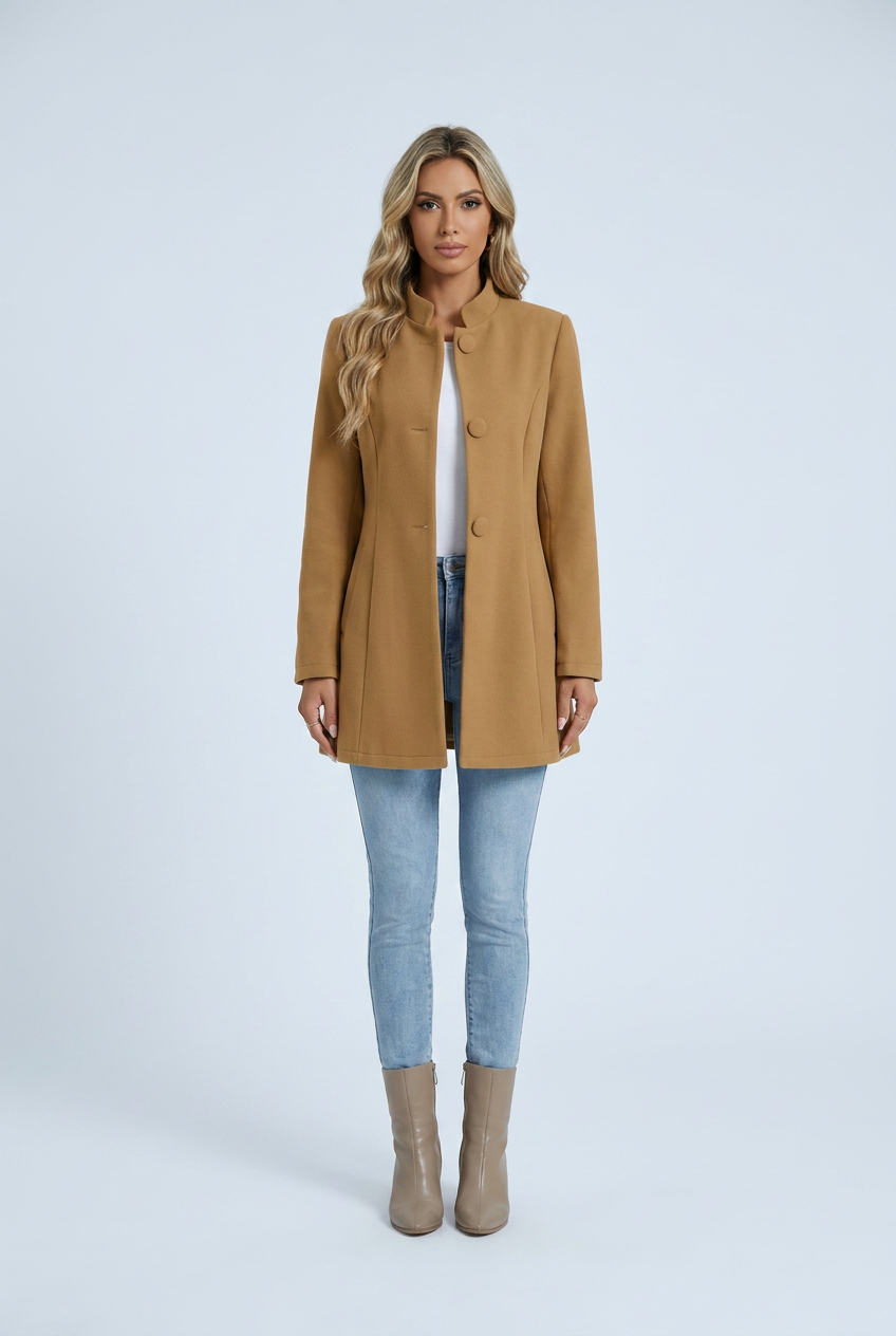 Camel cappotto linea A abbottonato collo alto svasato effetto lana front