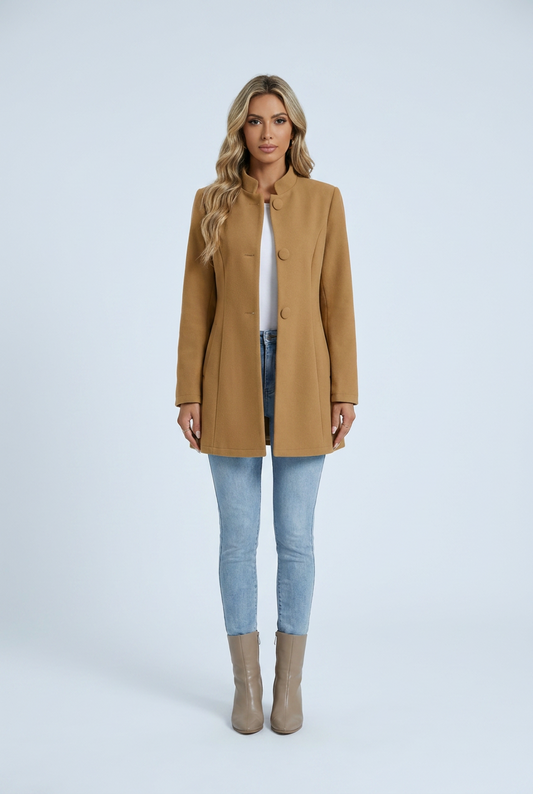 Camel cappotto linea A abbottonato collo alto svasato effetto lana front
