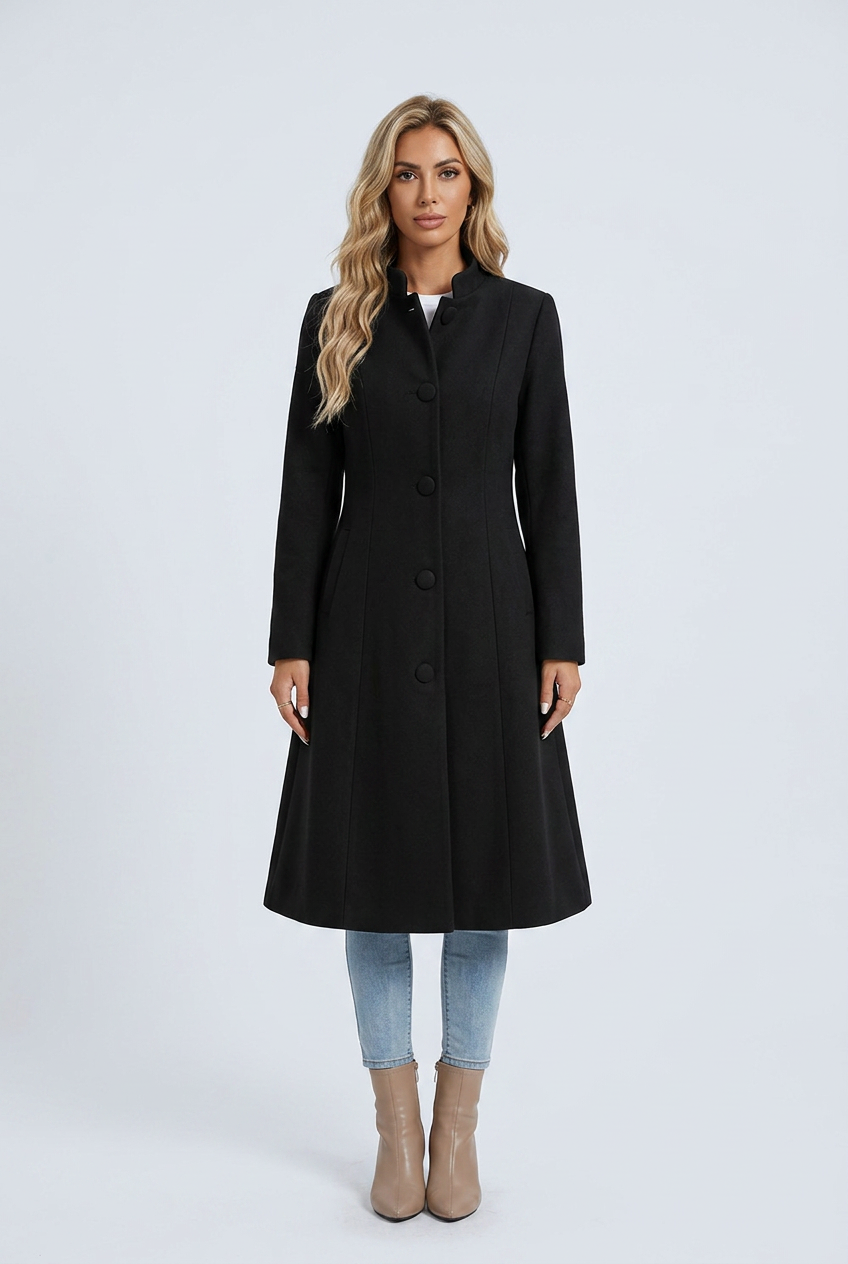 Black cappotto linea A abbottonato collo alto svasato effetto lana front