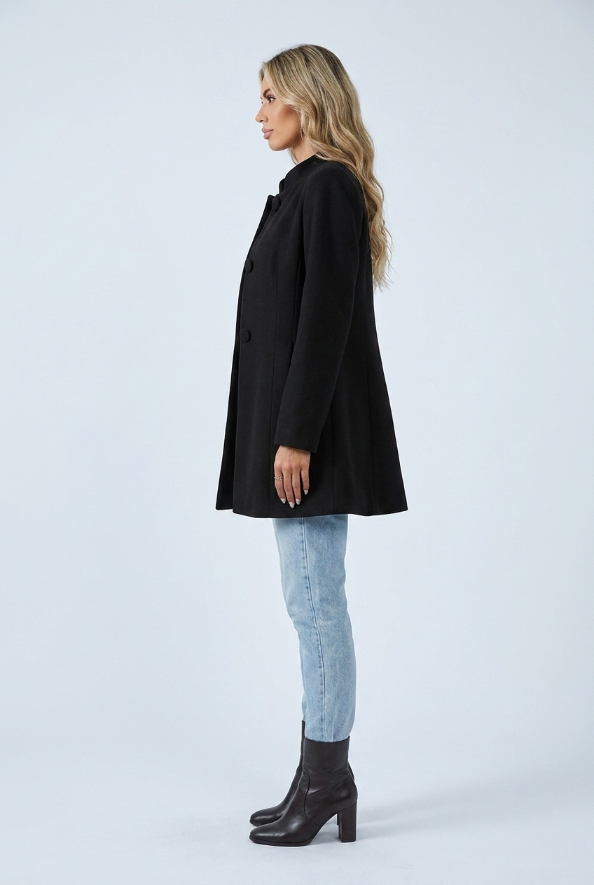 Black cappotto linea A abbottonato collo alto svasato effetto lana side