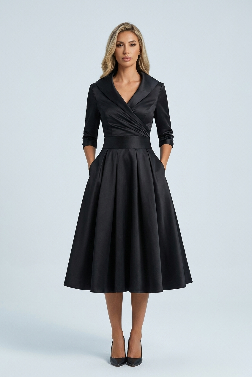 Black abito midi raso svasato revers gonna plissettata front