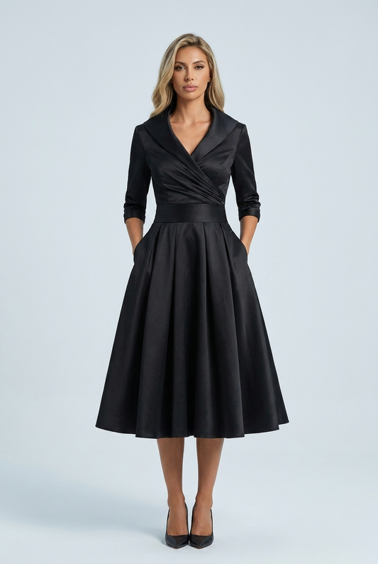 Black abito midi raso svasato revers gonna plissettata front