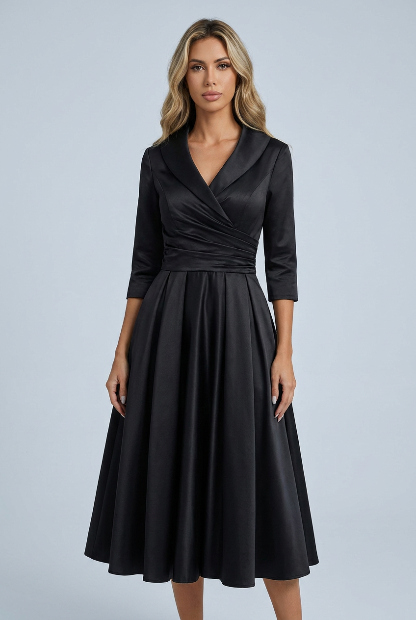 Black abito midi raso svasato revers gonna plissettata closeup