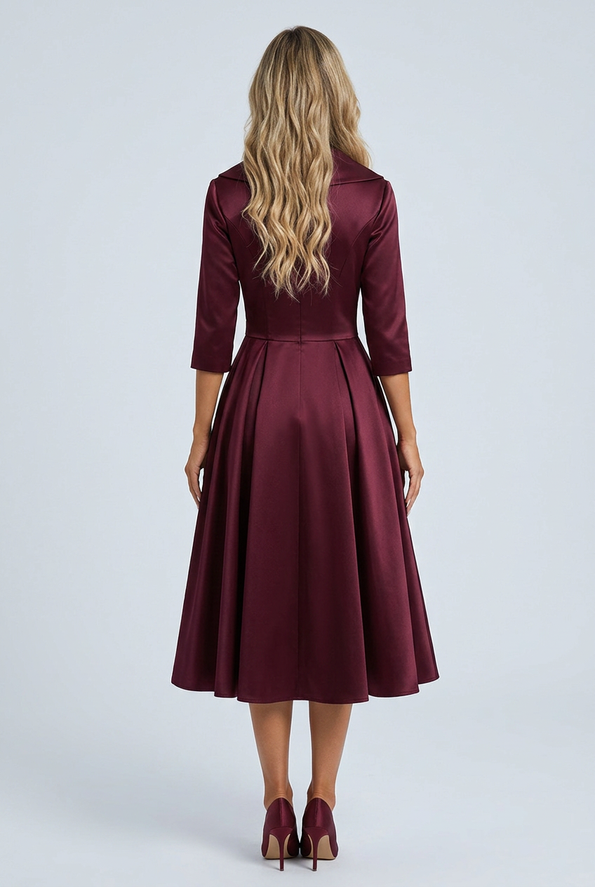 Deep Red abito midi raso svasato revers gonna plissettata back