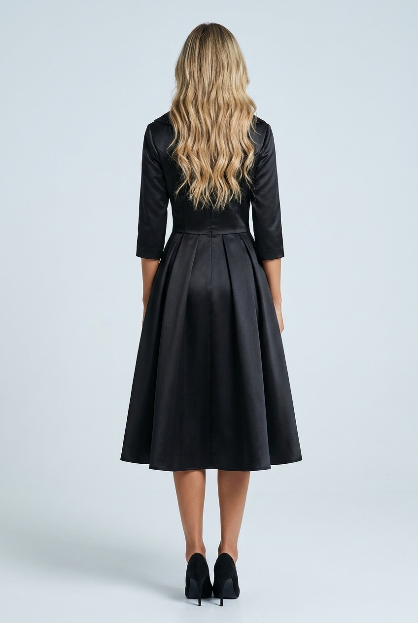 Black abito midi raso svasato revers gonna plissettata back