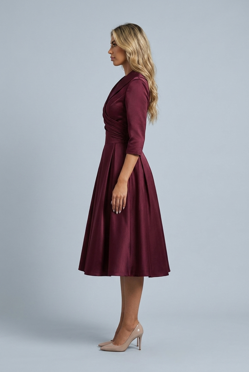 Deep Red abito midi raso svasato revers gonna plissettata side