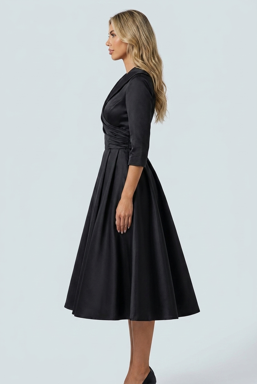 Black abito midi raso svasato revers gonna plissettata side