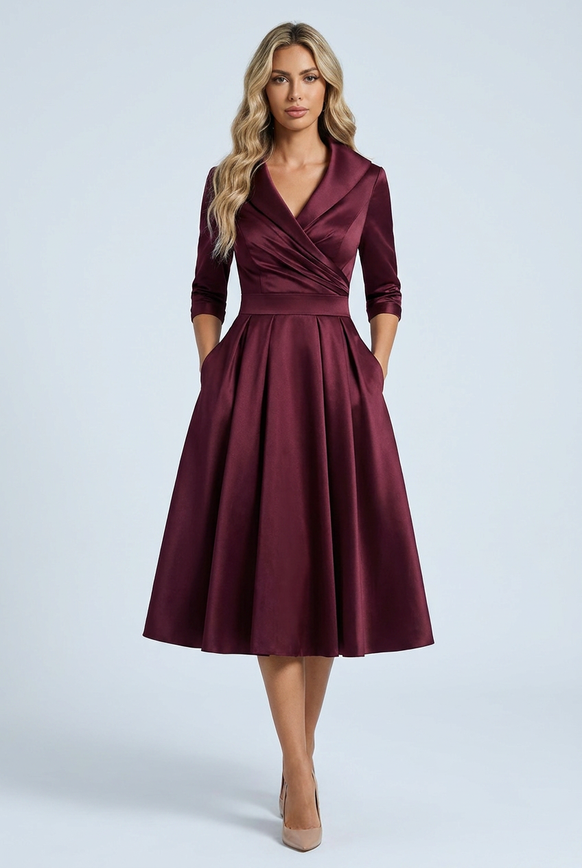 Deep Red abito midi raso svasato revers gonna plissettata front
