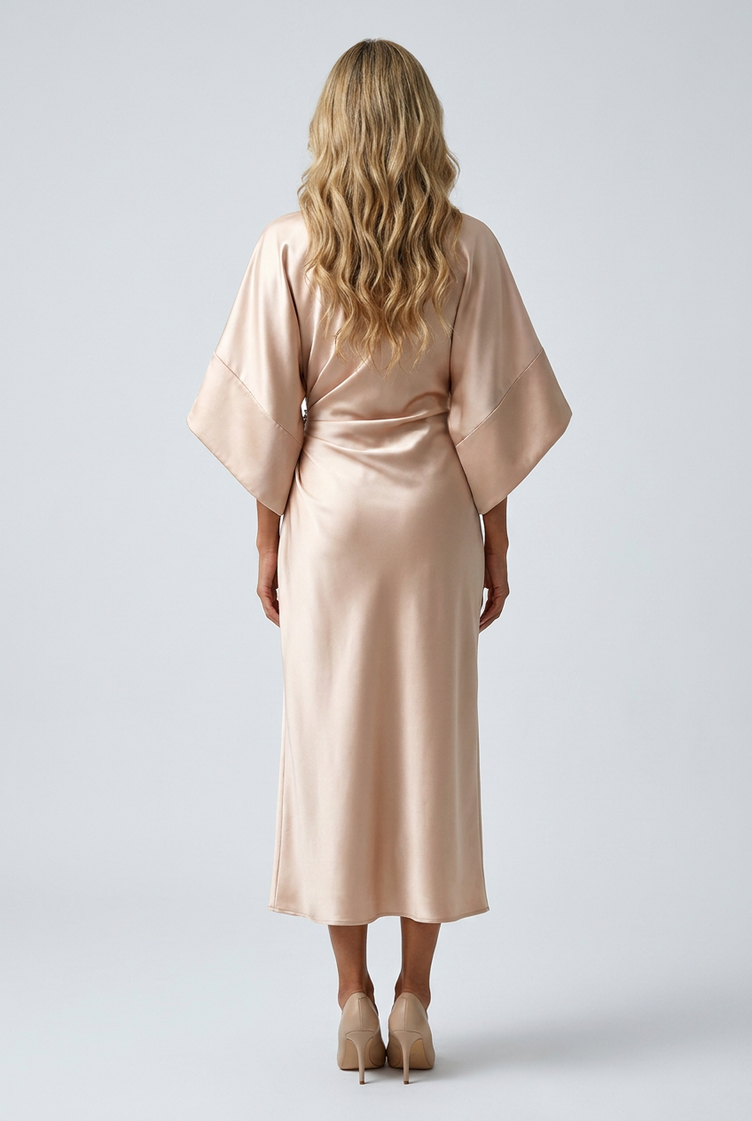 Beige abito midi raso manica kimono scollo barca broche vita back