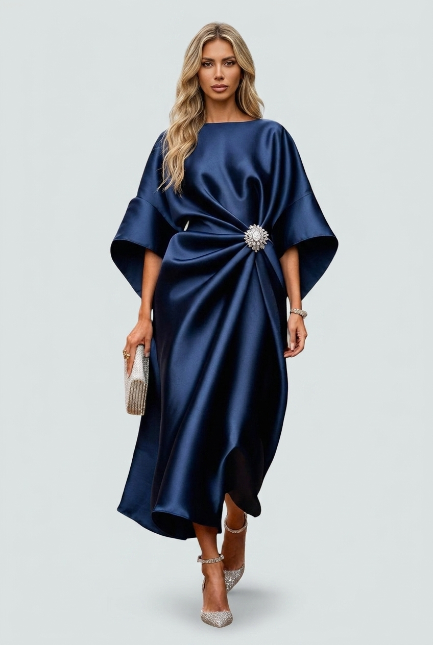 Navy abito midi raso manica kimono scollo barca broche vita front