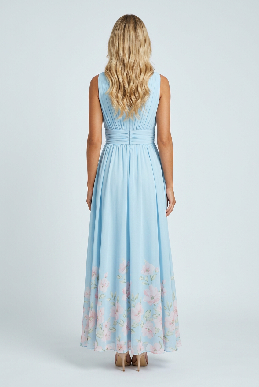 Light Blue abito lungo chiffon fiori scollo V plissé cerimonia back