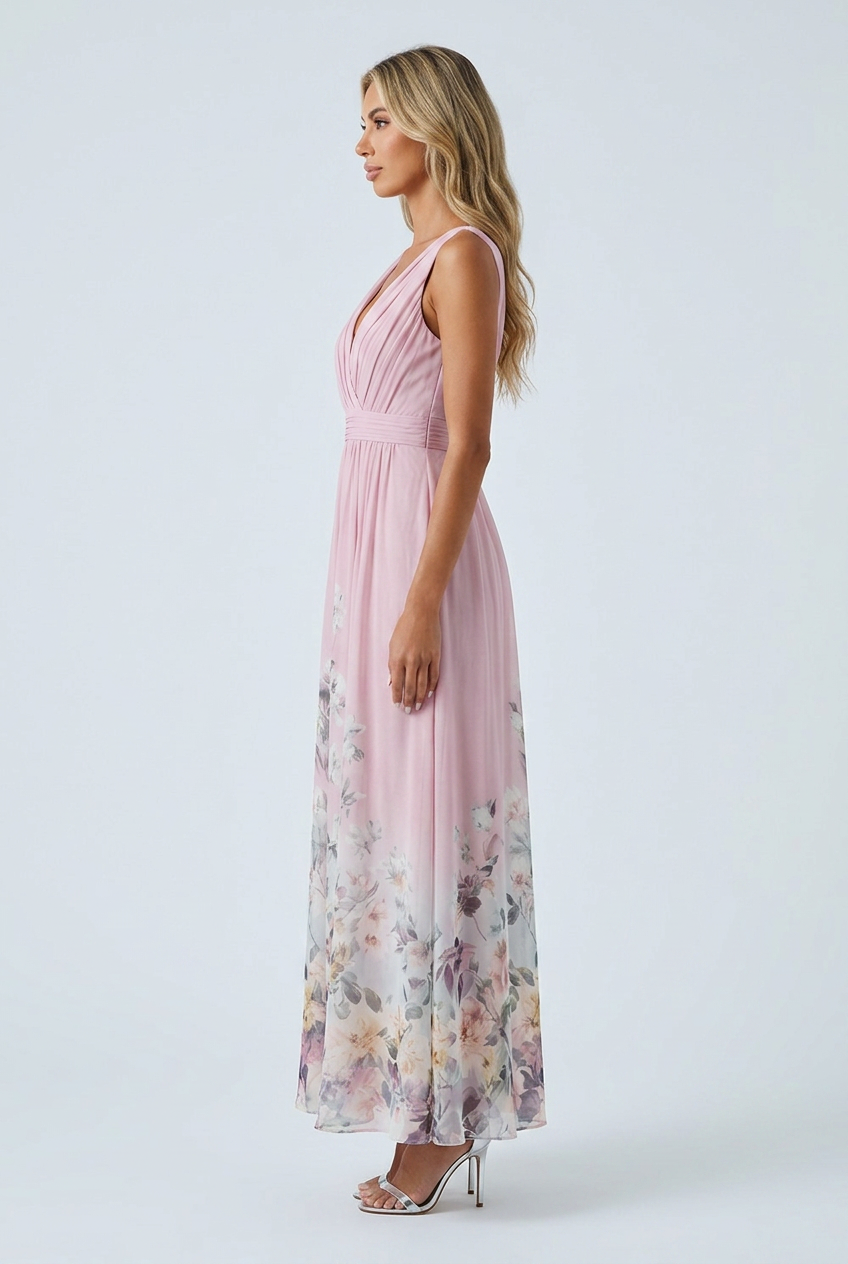 Pink abito lungo chiffon fiori scollo V plissé cerimonia side