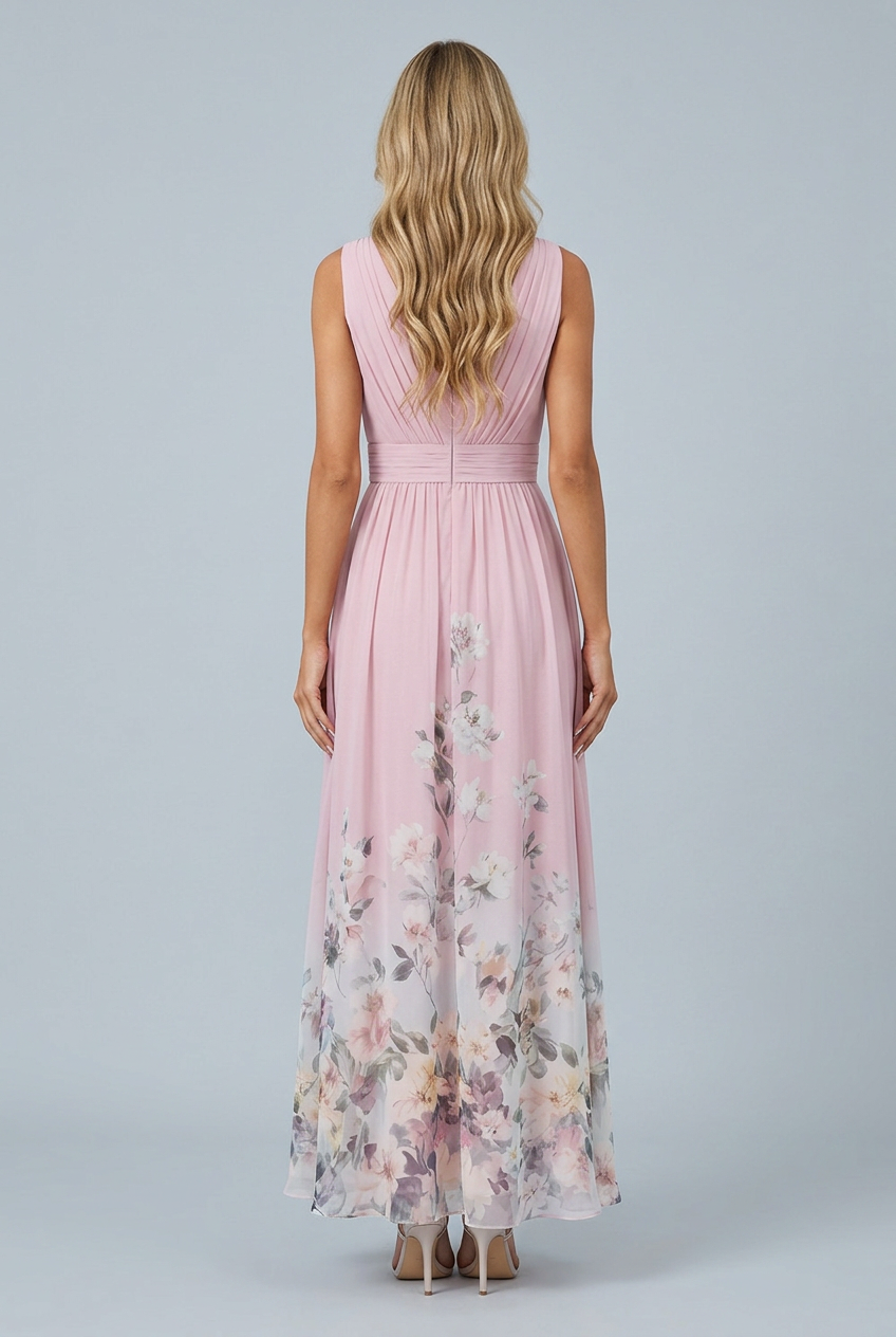 Pink abito lungo chiffon fiori scollo V plissé cerimonia back
