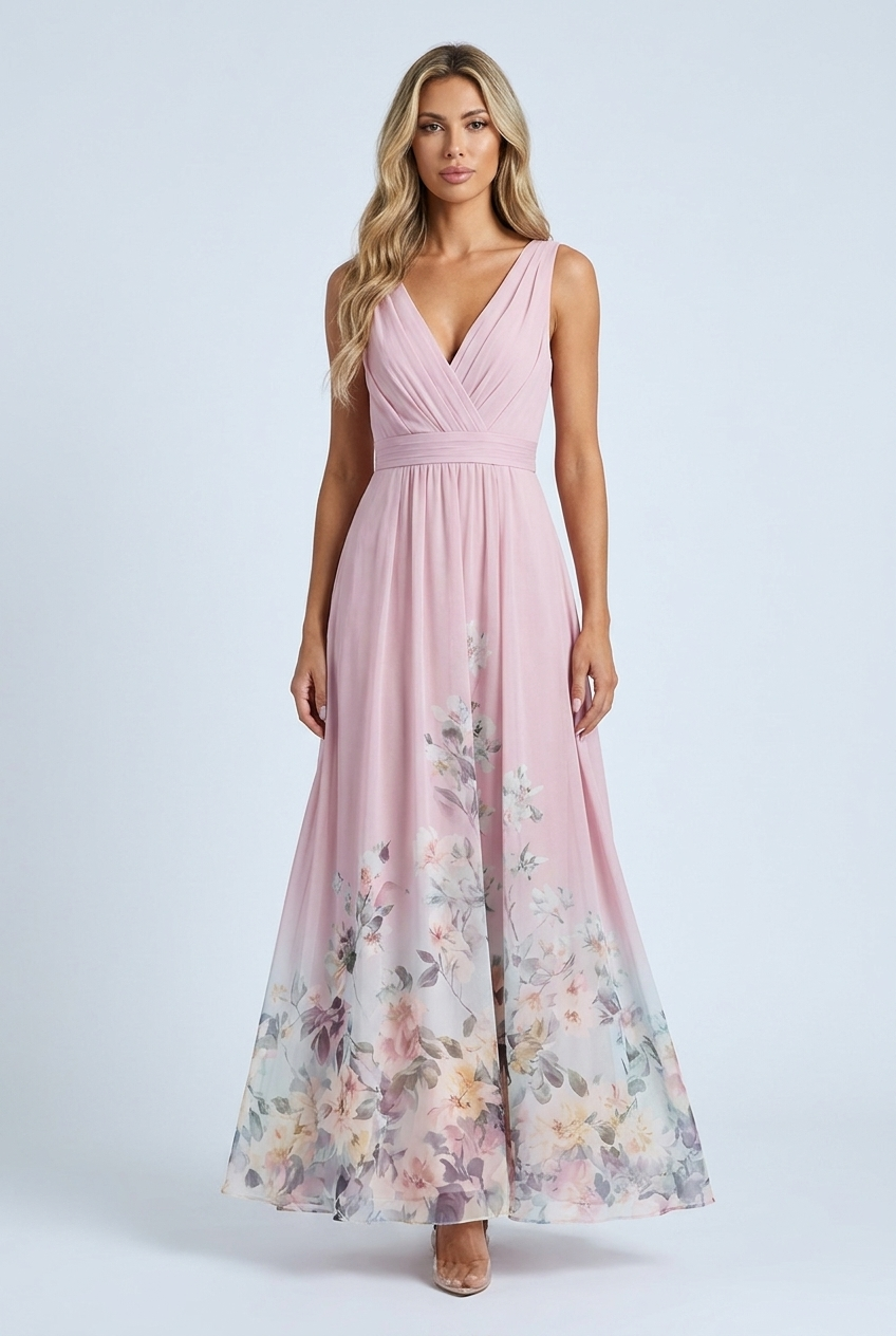 Pink abito lungo chiffon fiori scollo V plissé cerimonia front