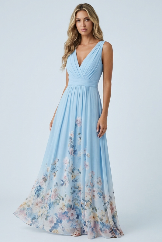 Light Blue abito lungo chiffon fiori scollo V plissé cerimonia closeup