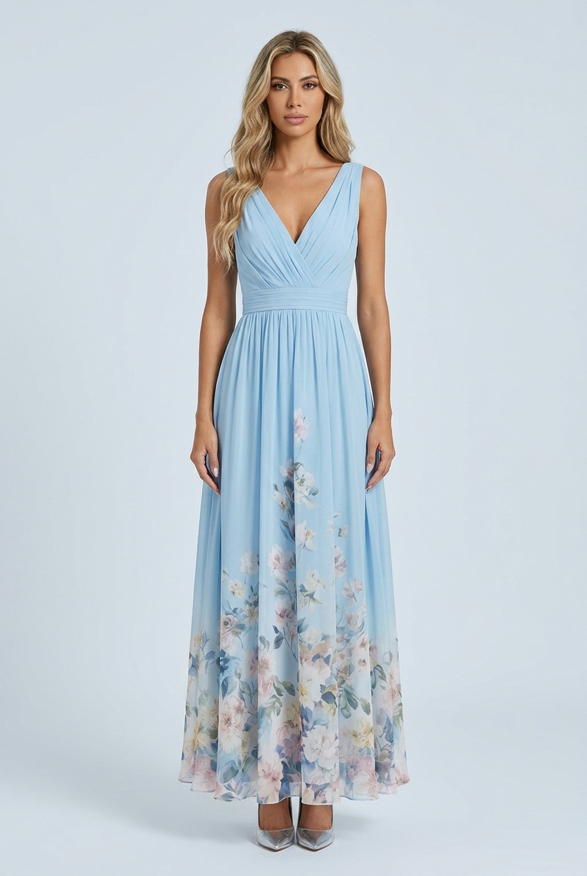 Light Blue abito lungo chiffon fiori scollo V plissé cerimonia front