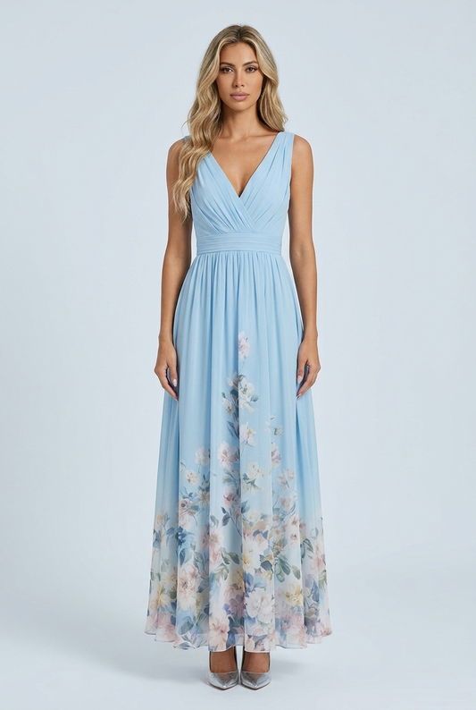 Light Blue abito lungo chiffon fiori scollo V plissé cerimonia front