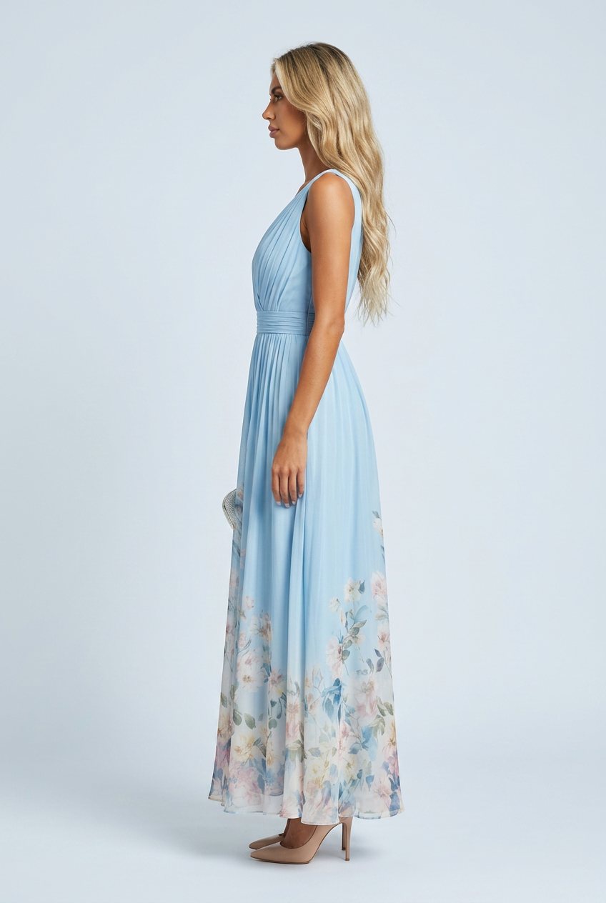 Light Blue abito lungo chiffon fiori scollo V plissé cerimonia side