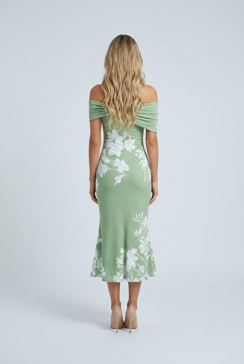 Green abito midi fiori off shoulder aderente bardot coda di sirena back