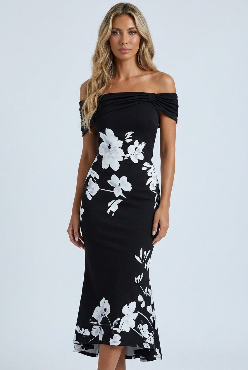 Black abito midi fiori off shoulder aderente bardot coda di sirena closeup
