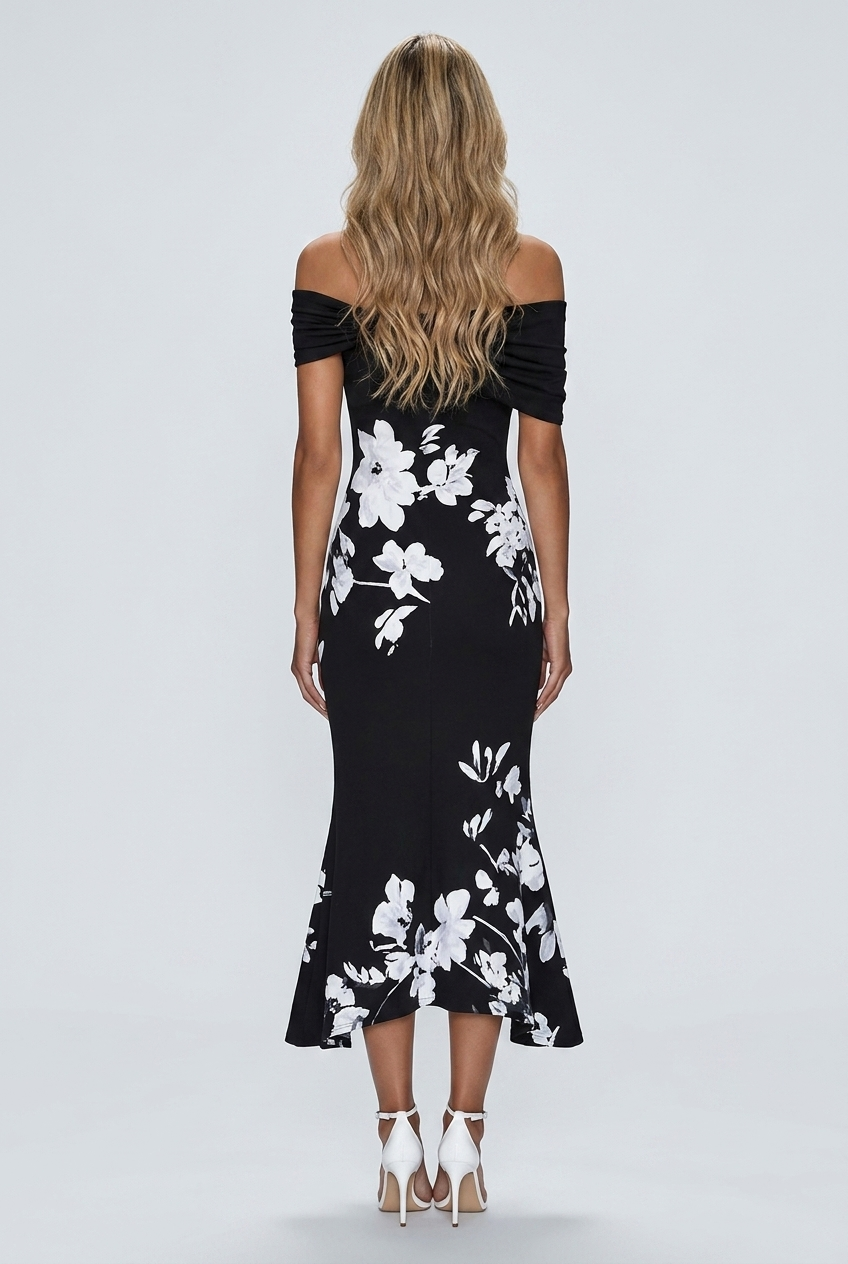 Black abito midi fiori off shoulder aderente bardot coda di sirena back