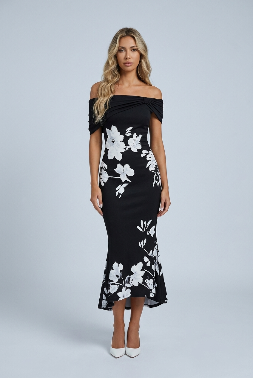 Black abito midi fiori off shoulder aderente bardot coda di sirena front
