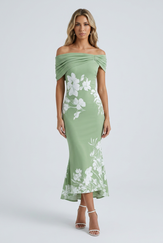 Green abito midi fiori off shoulder aderente bardot coda di sirena front