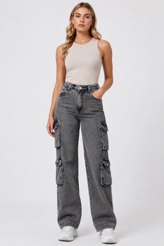 Jeans cargo donna gamba larga a vita alta in denim con tasche