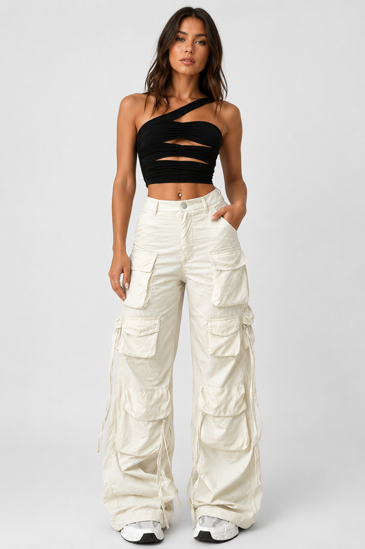 Pantaloni cargo donna fluidi a vita alta gamba larga leggeri chic