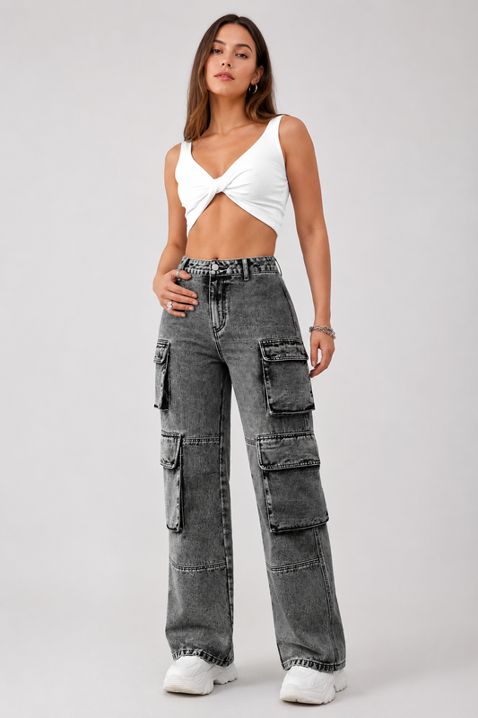 Pantaloni cargo donna gamba larga a vita alta in denim con tasche